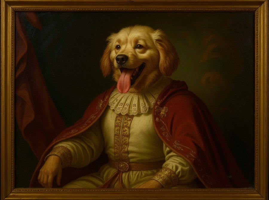Renaissance oil painting portrait of the same dog