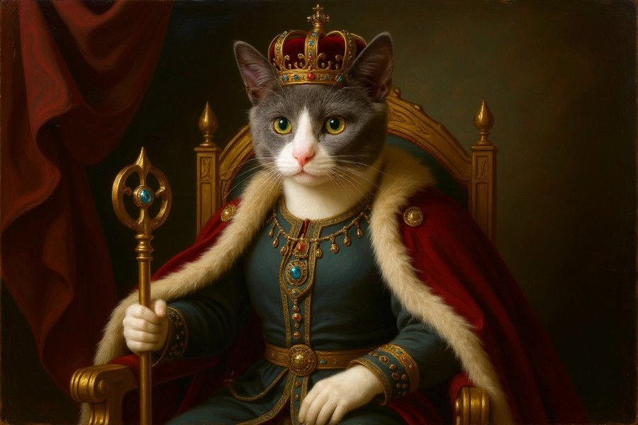 AI Renaissance royal portrait of a cat wearing a crown on a golden throne